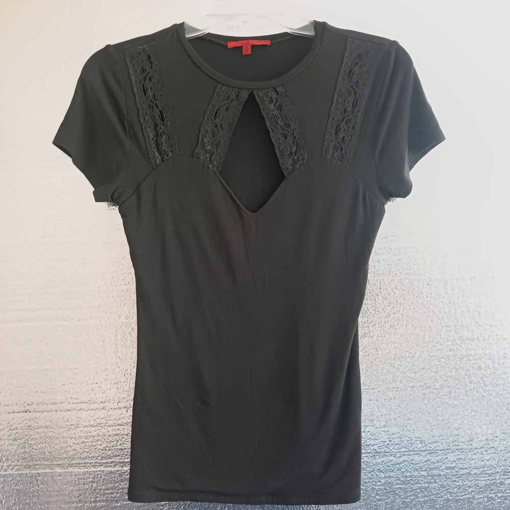 Red by BKE Lace Cutout Top Womens Sz S Black Short Sleeve Sweetheart Whimsigoth